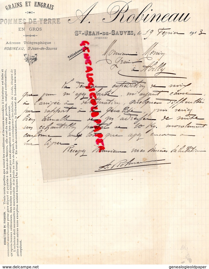 86- ST SAINT JEAN DE SAUVES- RARE LETTRE MANUSCRITE SIGNEE A. ROBINEAU- GRAINS GRAINES-HORTICULTURE AGRICULTURE-1913 - Agriculture