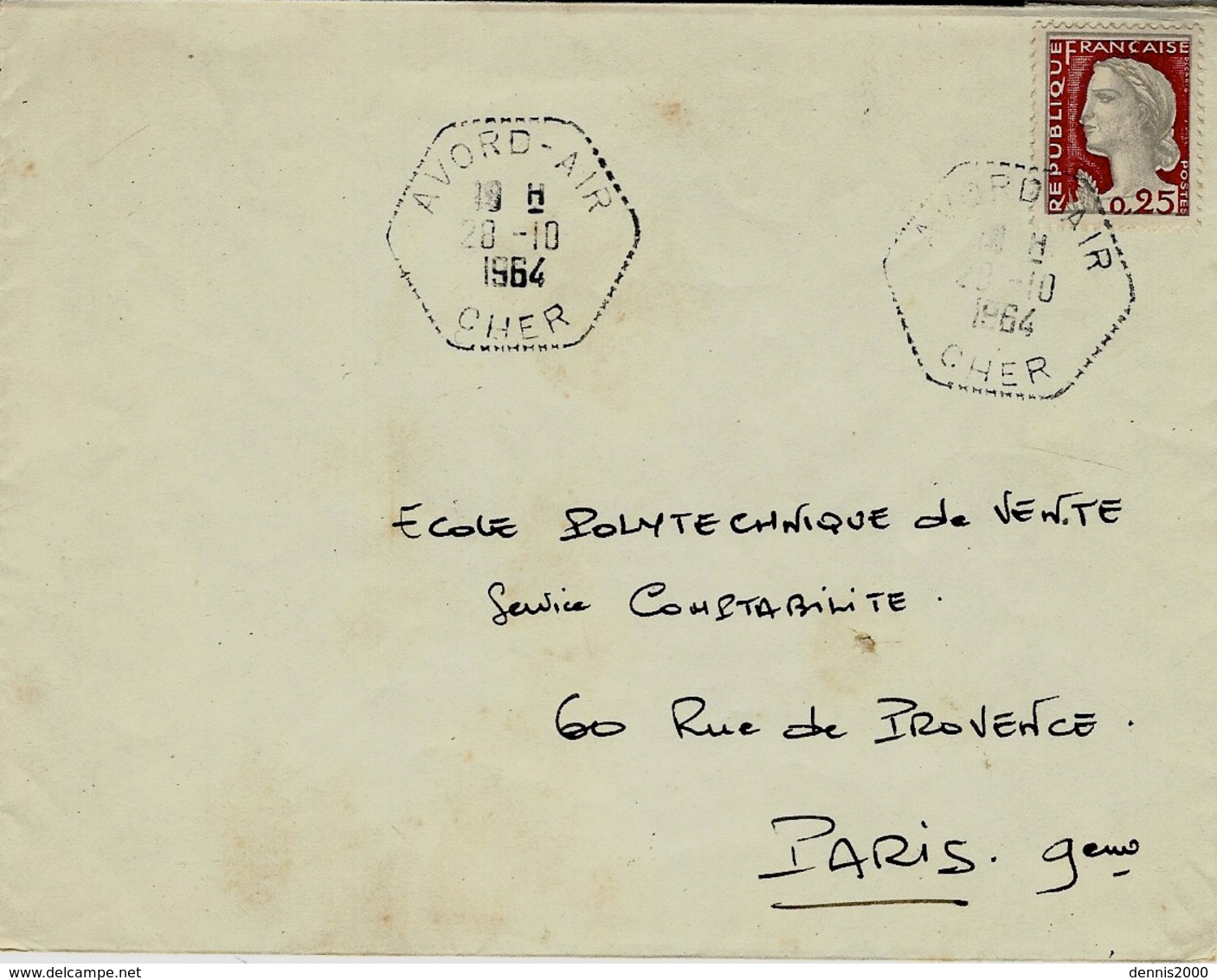 1964- Enveloppe Affr. à 25 C  Oblit. Cad  Agence Postale  Hexag. Pointillé  AVORD-AIR  / CHER - 1961-....