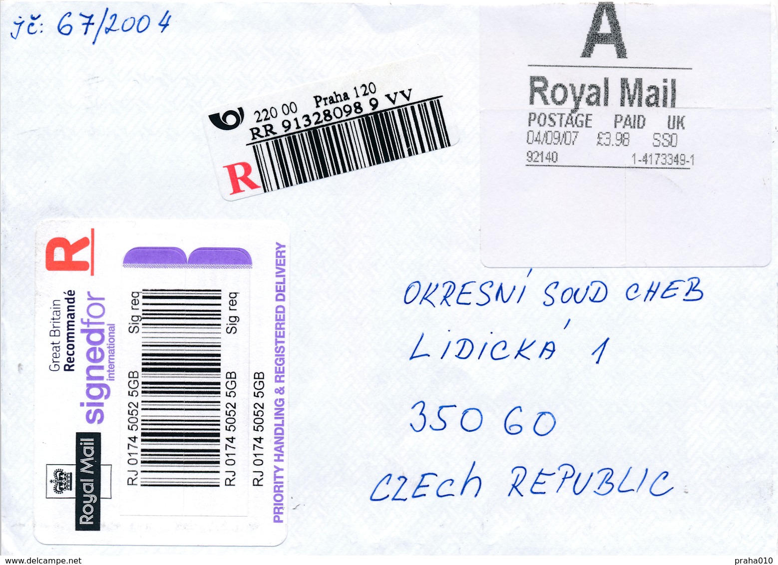 N0549 - Great Britain / Czech Rep. (2007) R-letter (R-label UK / Spec. R-label CR) 220 00 Praha 120 - Covers & Documents