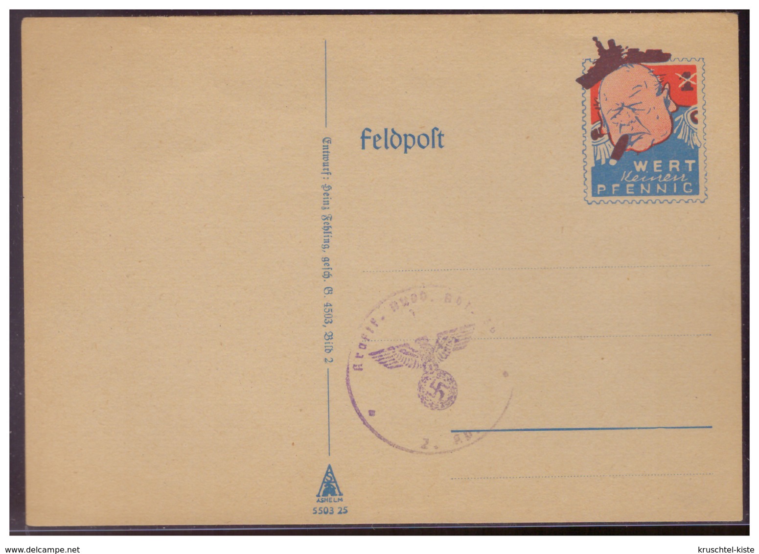 DT- Reich (007451) Propaganda, Feldpostkarte Churchill, Wert Keinen Pfennig, Blanco Stempel Feldpost, Sonst Ungebraucht - Briefe U. Dokumente