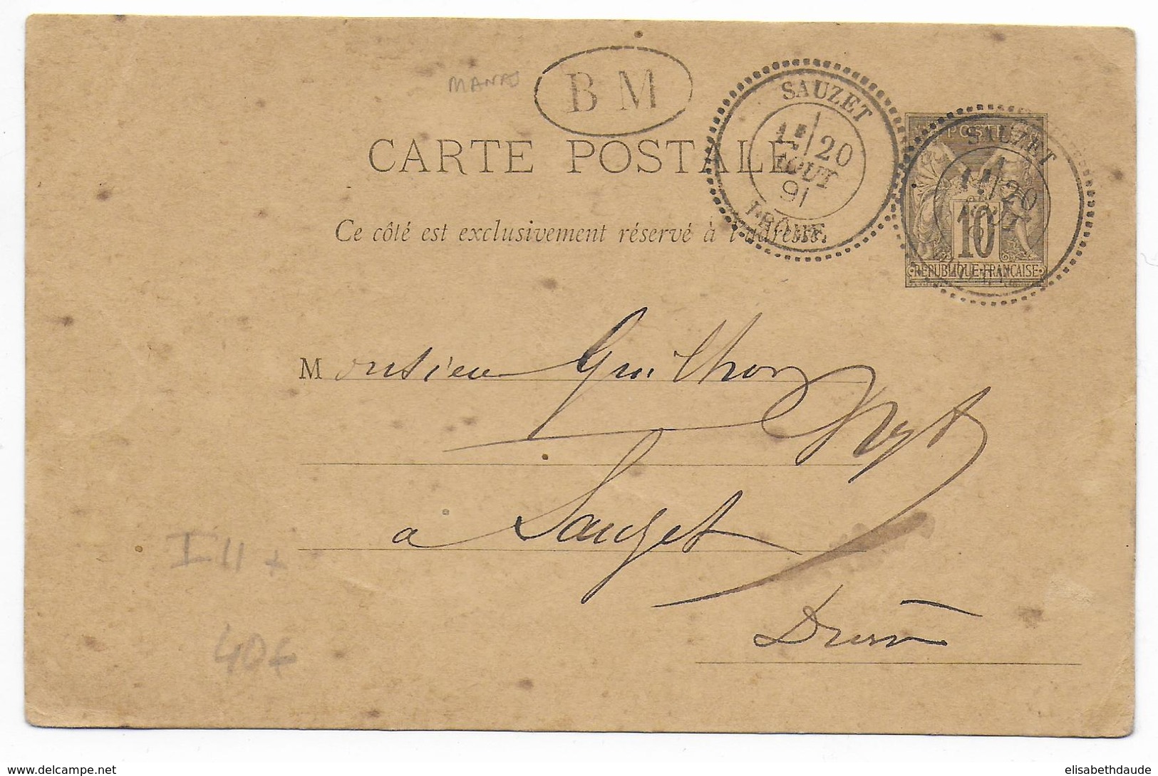 1891 - TYPE SAGE - CARTE ENTIER De MANAS (DROME) Avec BOITE MOBILE + DATEUR De SAUZET - 1877-1920: Période Semi Moderne