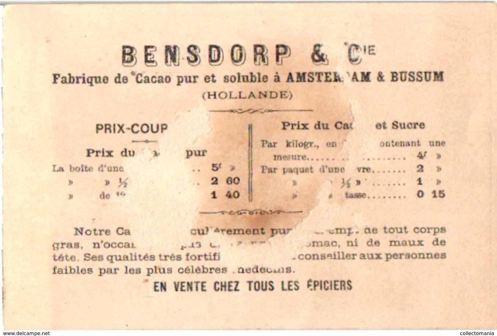 7 chromo litho PUB c1880 à 1890 BENSDORP chocolate chokolade, gedrukt voor Frankrijk France apporx. 7X10,5cm