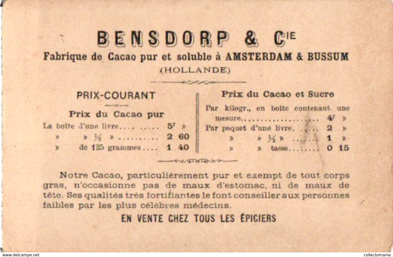 7 chromo litho PUB c1880 à 1890 BENSDORP chocolate chokolade, gedrukt voor Frankrijk France apporx. 7X10,5cm