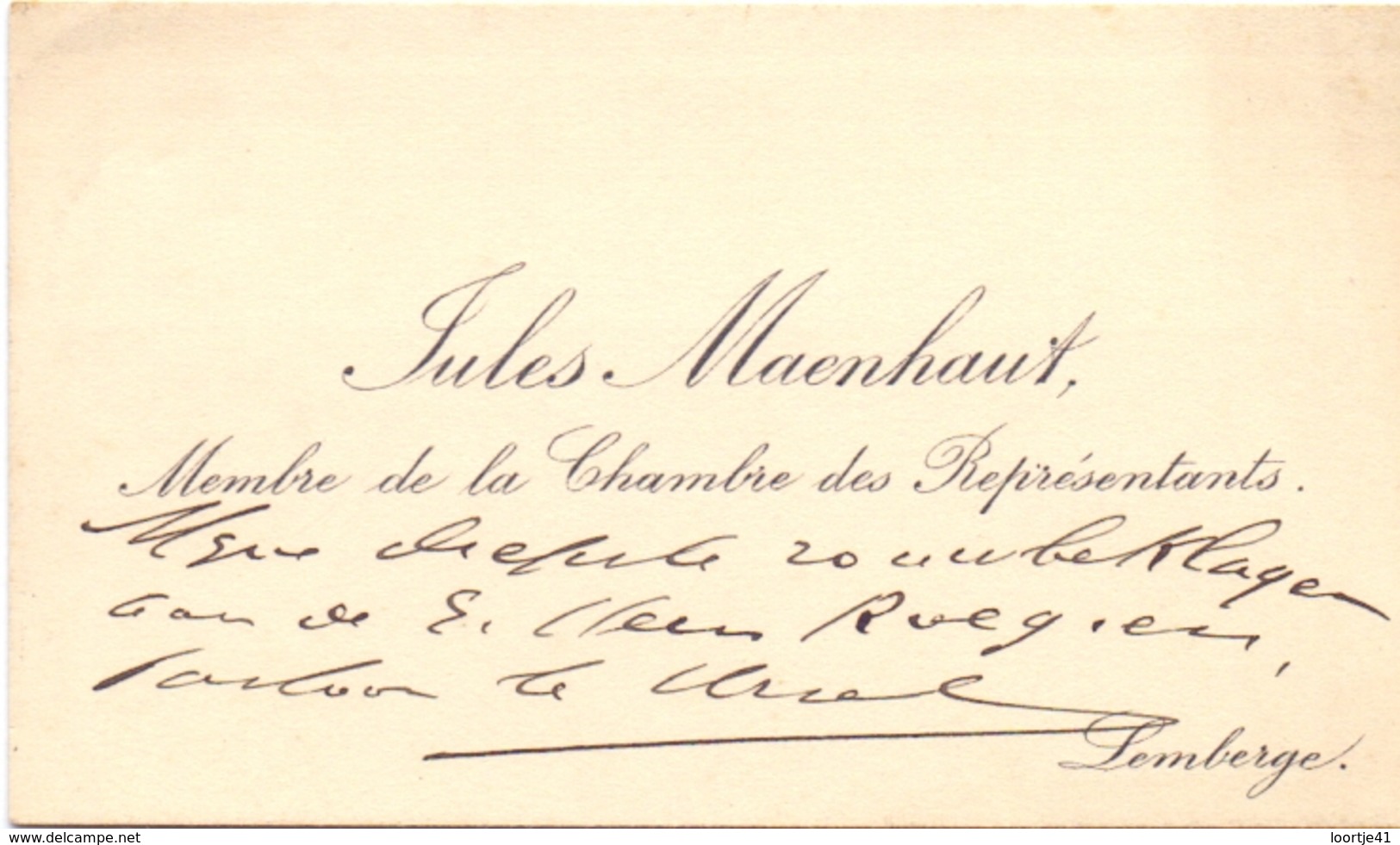 Visitekaartje - Carte Visite - Volksvertegenwoordiger Jules Maenhout Chambre Des Représentants - Lemberge - Cartes De Visite