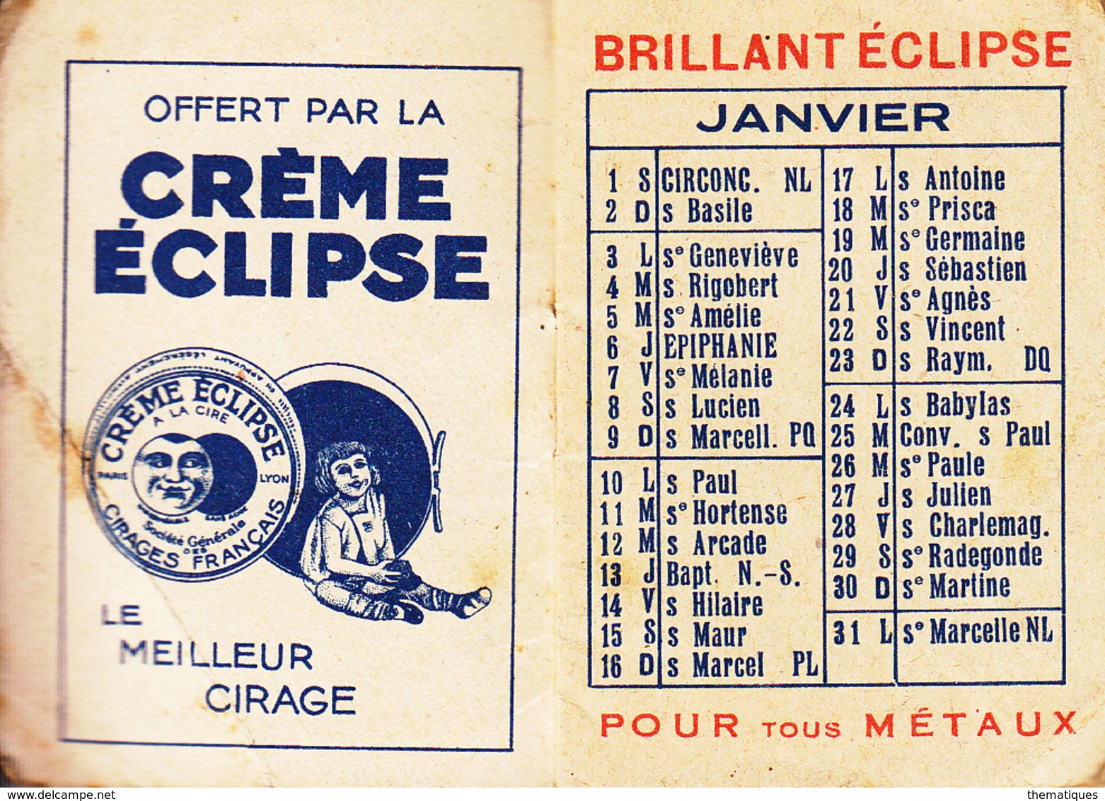 Thematiques Calendriers Publicitaire Cirage Crème Eclipse Année 1938 Police Avec Son Chien Policier - Petit Format : 1921-40