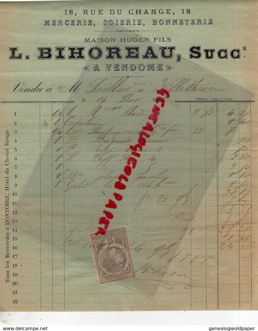 41- VENDOME- FACTURE L. BIHOREAU -MAISON HUGER FILS- MERCERIE SOIERIE BONNETERIE-18 RUE DU CHANGE-1888 - Textile & Clothing