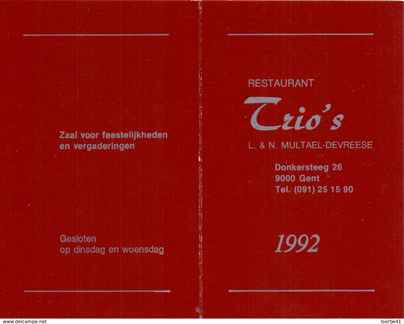 Kalender Calendrier - 1992 - Restaurant Trio's - Multael - Devreese - Gent - Tamaño Pequeño : 1991-00