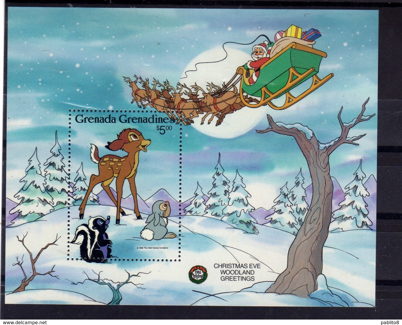 GRENADA GRENADINES 1986 WALT DISNEY CHRISTMAS EVE WOODLAND GREETINGS AUGURI DI NATALE BLOCK SHEET BLOCCO FOGLIETTO MNH - Grenada (1974-...)