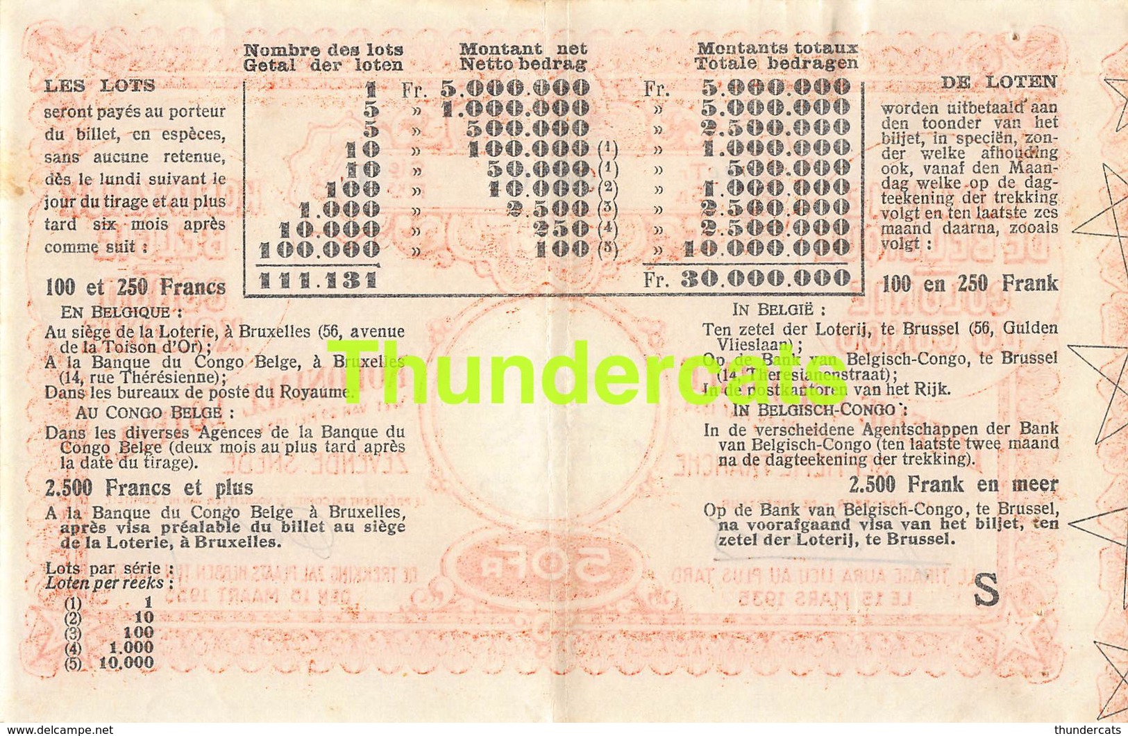 ANCIEN BILLET DE LOTERIE COLONIALE CONGO ** 1935  - 7 E TRANCHE - SNEDE **  KOLONIALE LOTERIJ BILJET - Lottery Tickets