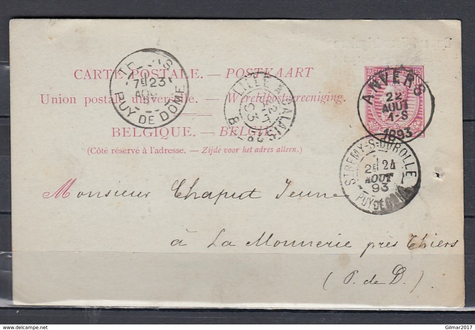 Postkaart Van Anvers Naar St Remy S-Durolle - 1884-1891 Léopold II