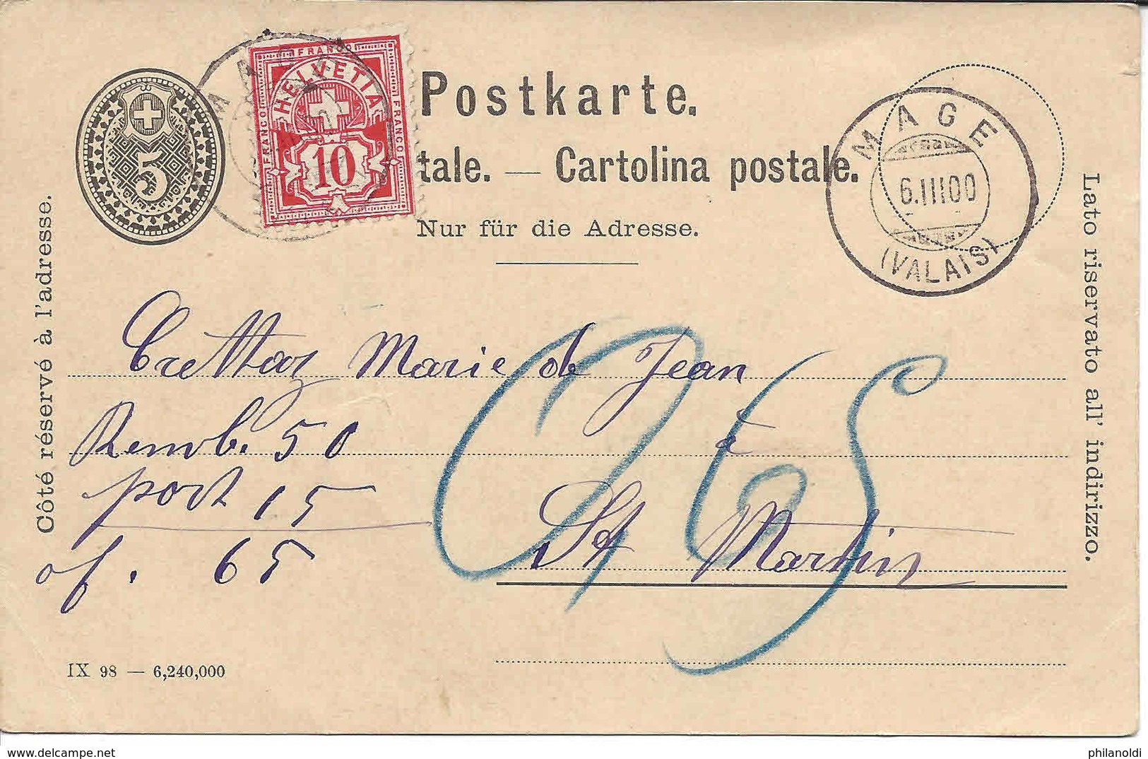 VALAIS, MAGE 1900, Type Chiffre Sur Entier Postal, Remboursement, Nachnahme, Pour St-Martin, WALLIS. - Briefe U. Dokumente