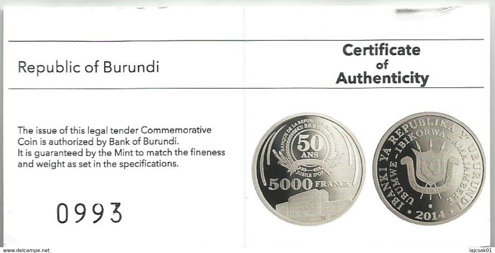 Burundi 5000 Francs 2014. PROOF SILVER Ag The 50th Anniversary Of The Central Bank Of Burundi - Burundi