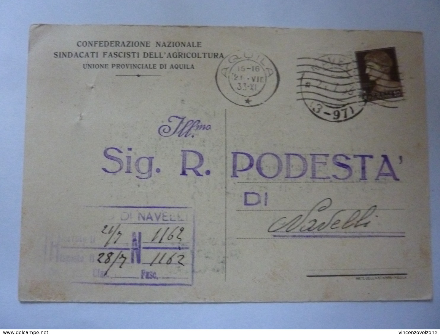 Cartolina Postale Viaggiata "CONFEDERAZIONE NAZIONALE SINDACATI FASCISTI AGRICOLTURA - Podestà Di Navelli" Timbri 1933 - Poststempel