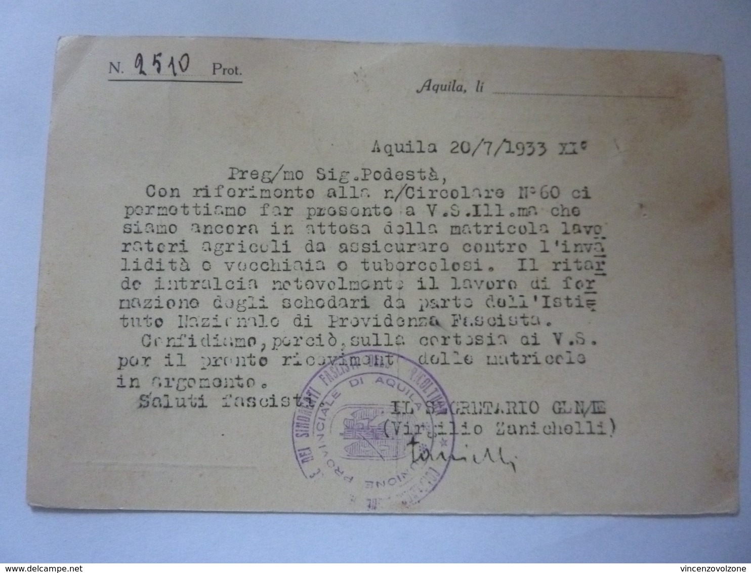 Cartolina Postale Viaggiata "CONFEDERAZIONE NAZIONALE SINDACATI FASCISTI AGRICOLTURA - Podestà Di Navelli" Timbri 1933 - Marcofilía