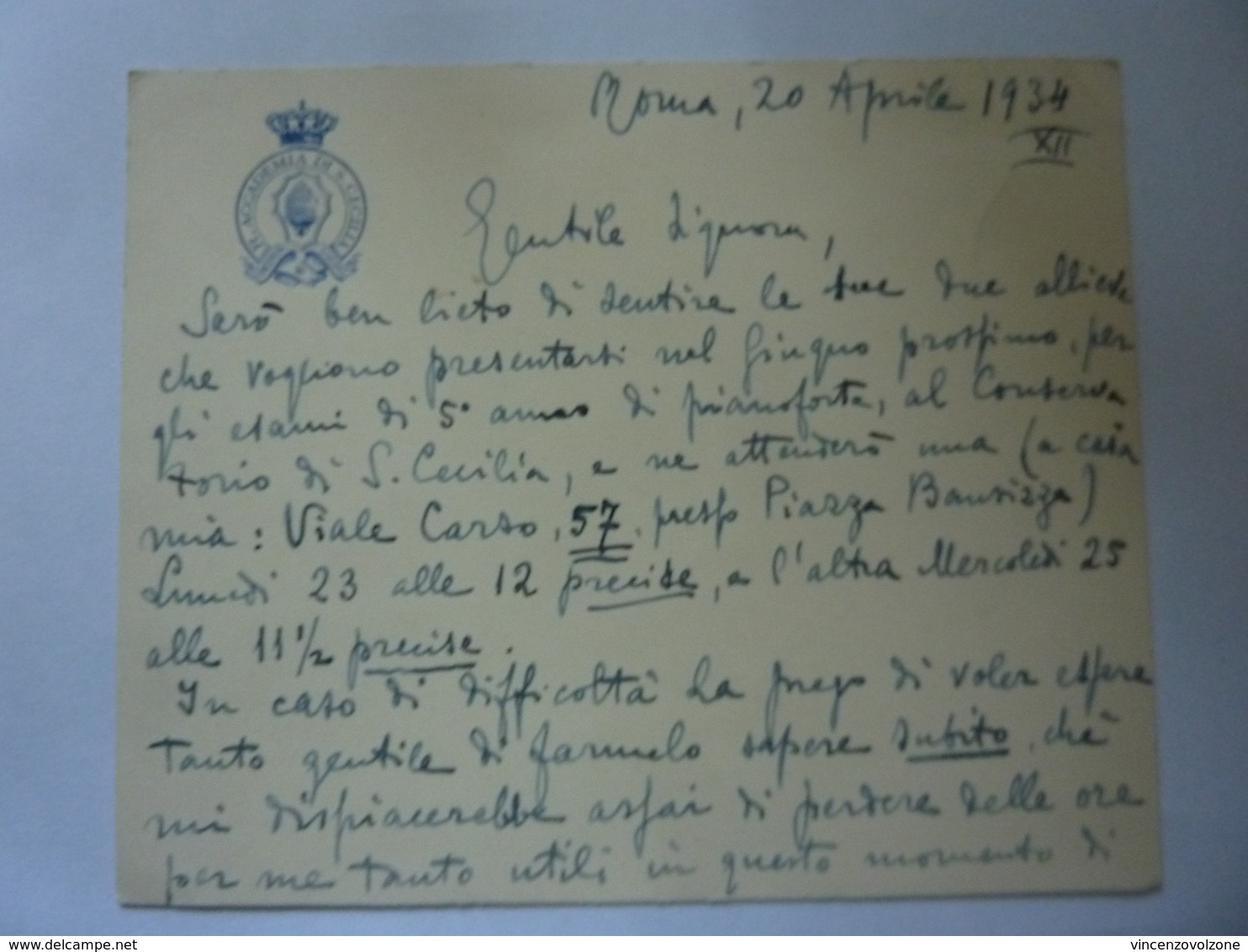 Cartoncino Manscritto  "REGIA ACCADEMIA DI SANTA CECILIA" Roma, 20 Aprile 1934 - Diplomi E Pagelle