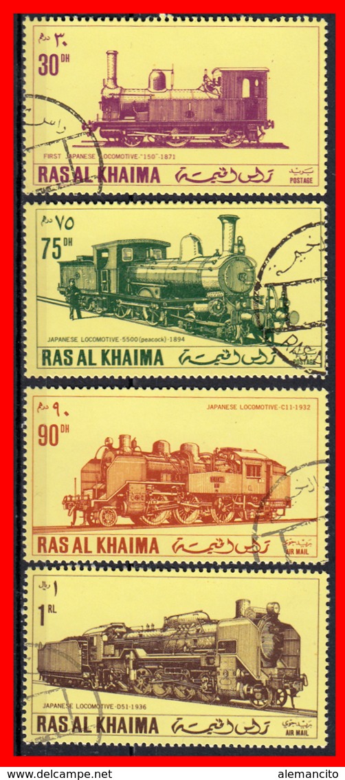 EMIRATOS ARABES - RAS AL KHAIMA  4  SELLOS SERIE TEMATICA -FERROCARRILES - Ra's Al-Chaima