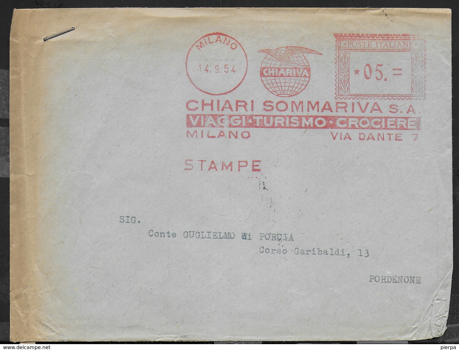 STORIA POSTALE REPUBBLICA - AFFRANCATURA MECCANICA ROSSA - SOMMARIVA VIAGGI 14.09.1954 DA MILANO - Macchine Per Obliterare (EMA)