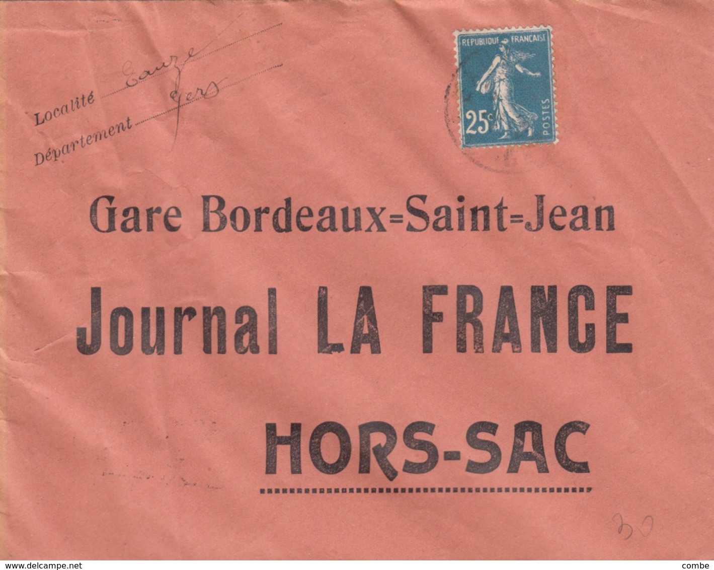 LETTRE. 1926. EAUZE GERS. GARE BORDEAUX HORS SAC JOURNAL LA FRANCE - 1921-1960: Période Moderne