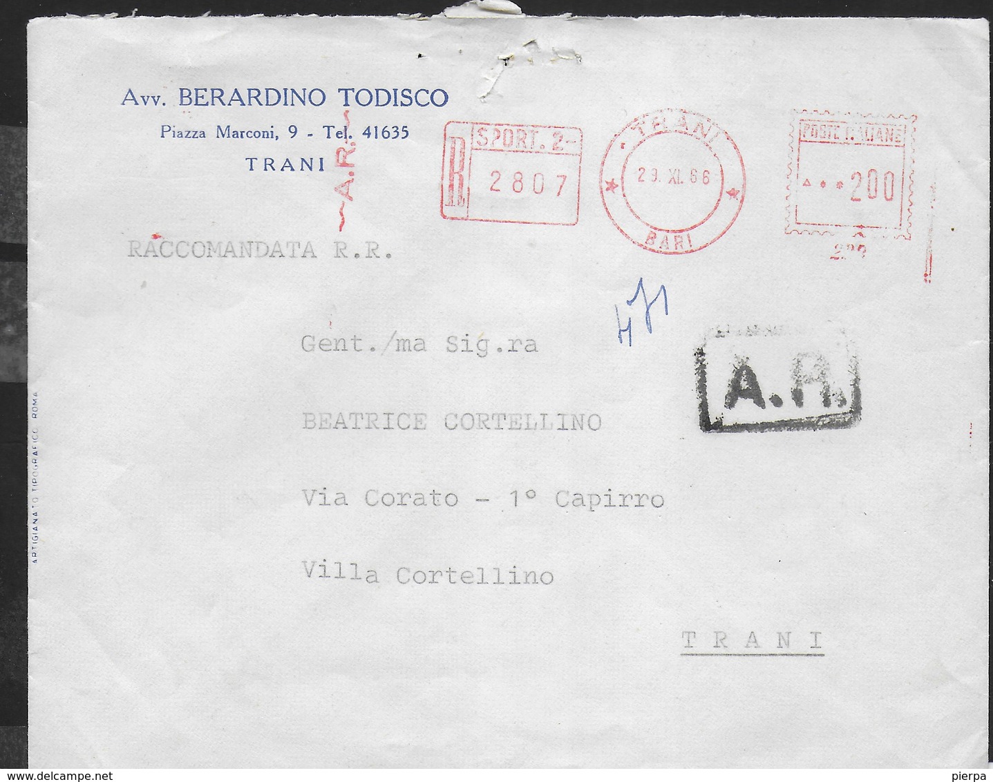 STORIA POSTALE REPUBBLICA - AFFRANCATURA MECCANICA ROSSA - RACCOMANDATA A.R. 29.XI.1966 DA TRANI / BARI - Macchine Per Obliterare (EMA)