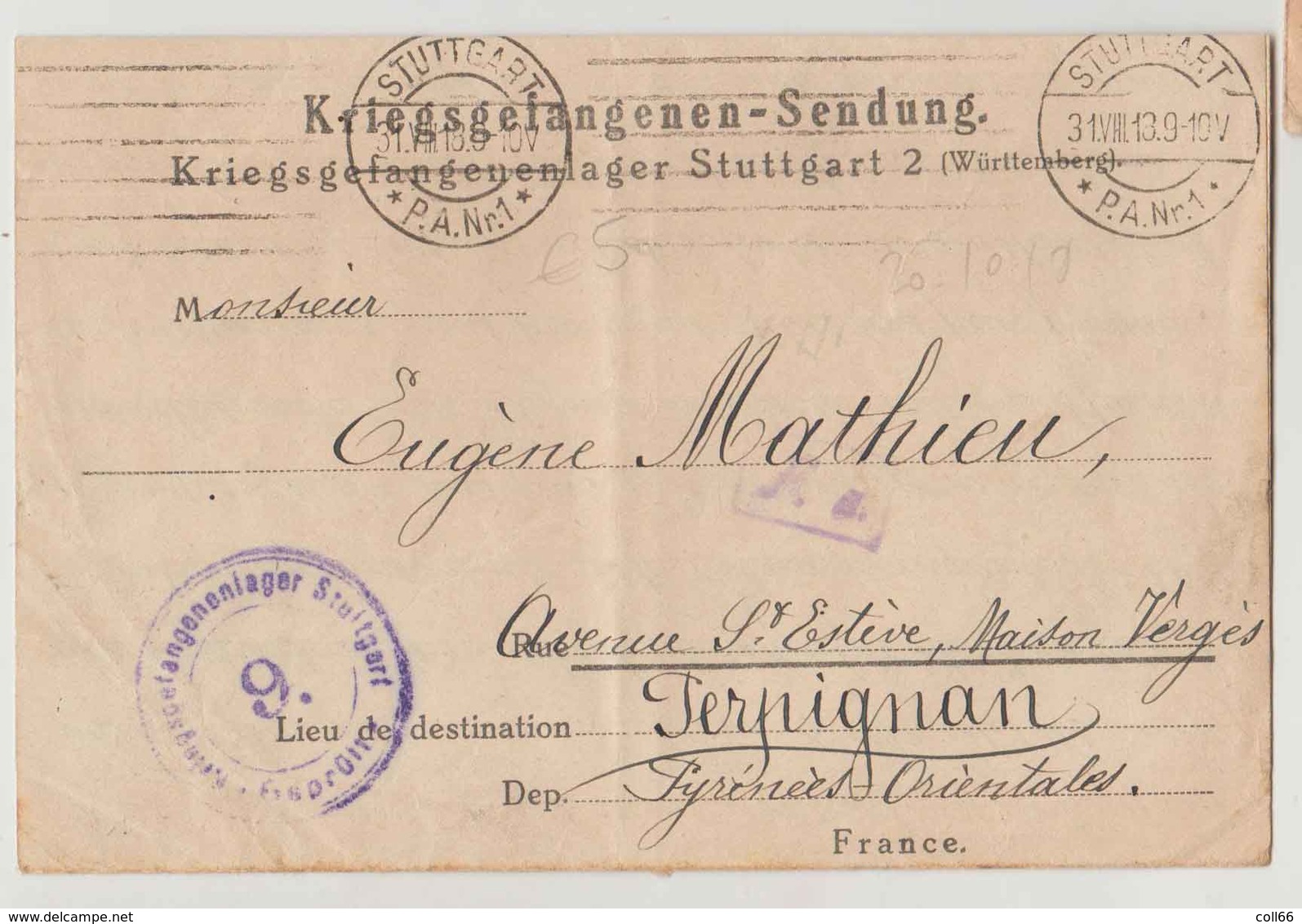 Ww1 Kriegsgefangenenlager-Sendung Stuttgart Lettre Mathieu Sous-Off Pour Perpignan En FM 1918 - 1914-18