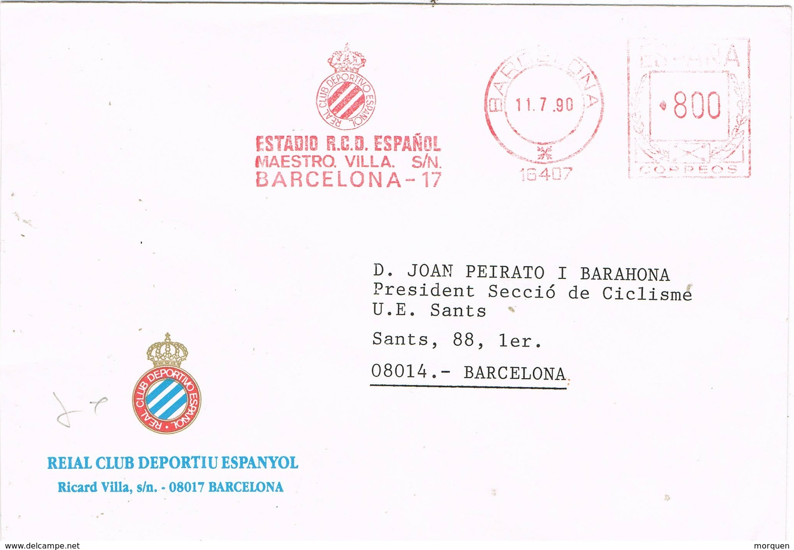 31009. Carta BARCELONA 1990. Franqueo Mecanico FUTBOL RCD Español - Briefe U. Dokumente