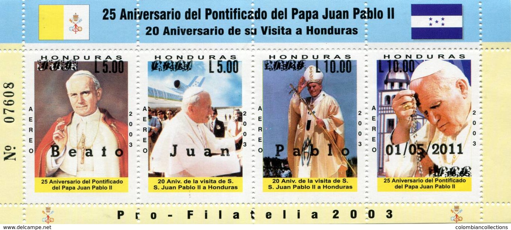 Lote H4, Honduras, 2003, Pliego, Sheet, 4 V, 25 Aniversario Del Pontificado Del Papa Juan Pablo II, Pope John Paul II - Honduras