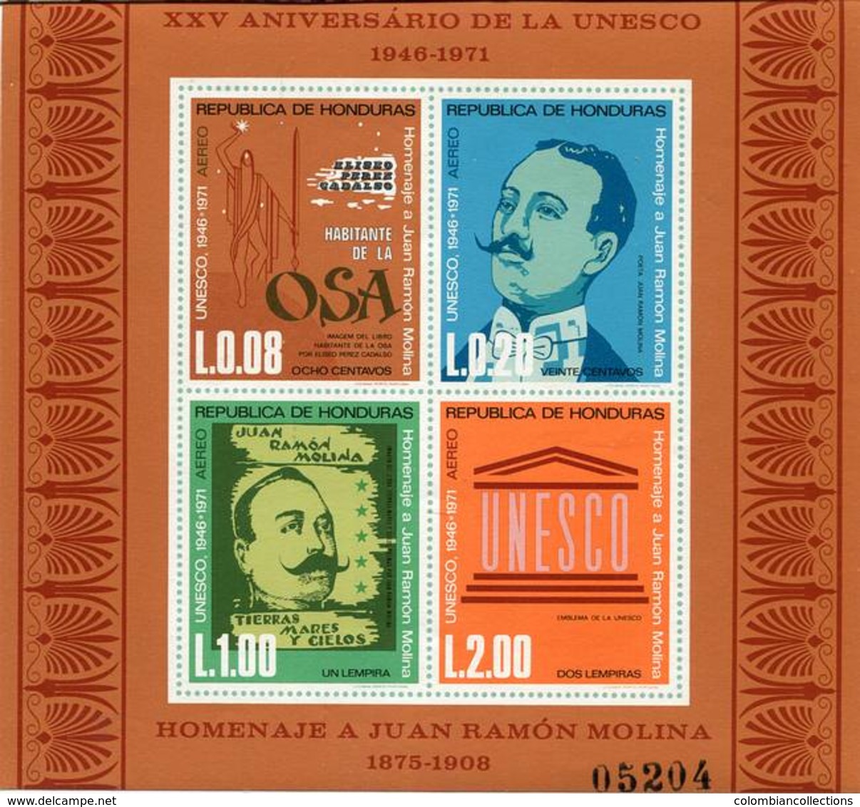 Lote H5, Honduras, 1971, HF, SS, XXV Aniversario De La Unesco, Juan Ramon Molina - Honduras