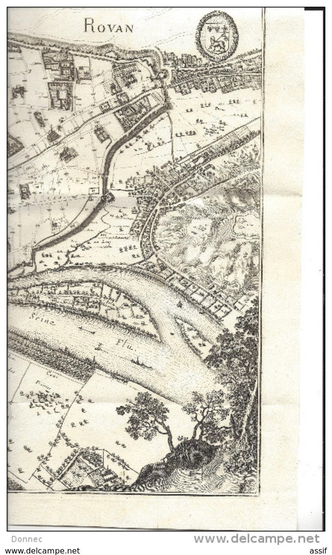 ROUEN , Plan Rotomagus - Rovan, 1655 ( plan extrait d'un livre - au dos, attache de l'onglet ), Feuille 38,8 x 45,8 cm