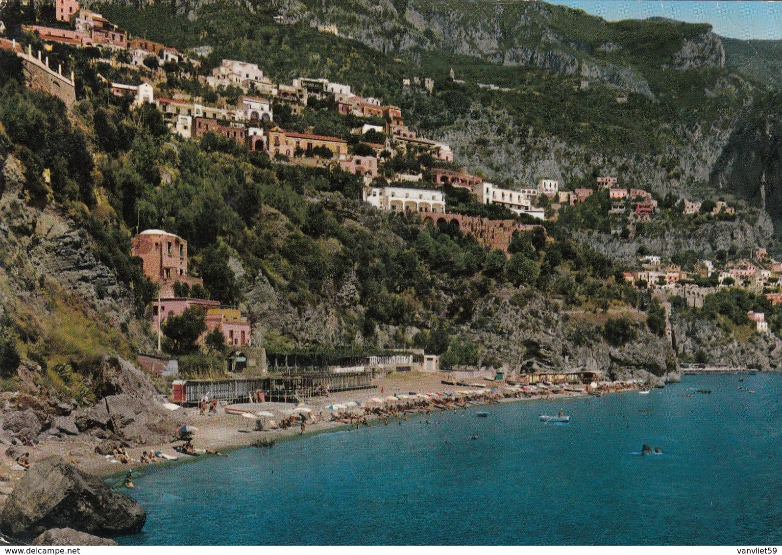 POSITANO-SALERNO-PANORAMA CON SPIAGGIA-CARTOLINA VERA FOTOGRAFIA VIAGGIATA - Salerno