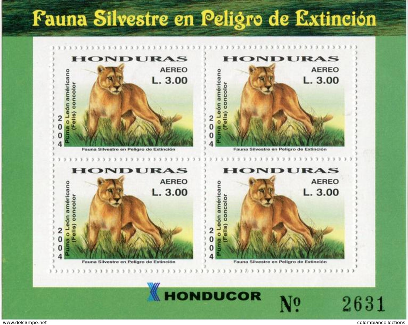 Lote H8, Honduras, 2004, Pliego, Sheet, Fauna En Peligro De Extincion, Puma, Fauna In Danger Of Extinction - Honduras