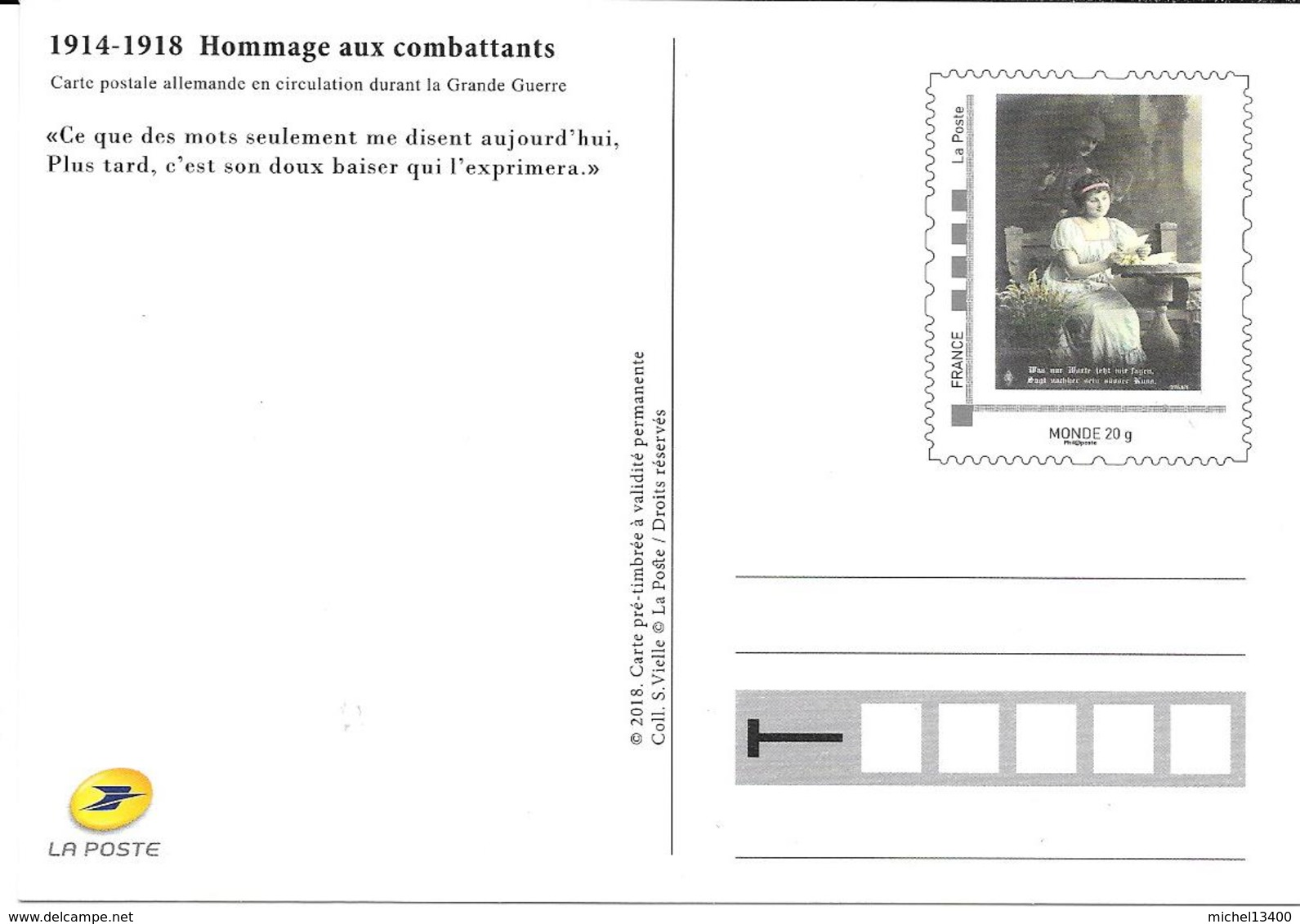 Carte Maximum Prétimbrée 1914-1918 Hommage Aux Combattants - 2010-2019