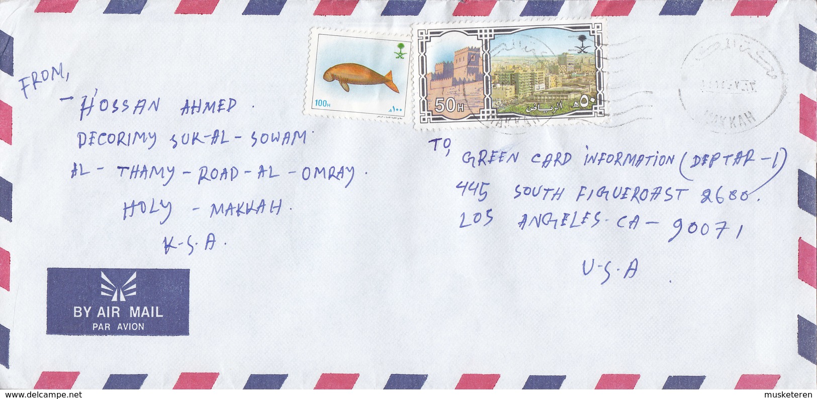 Saudi Arabia Air Mail Par Avion TMS Cds. MAKKAH 1993 Cover Brief LOS ANGELES United States Dugong Stamp Uncancelled !! - Saudi-Arabien