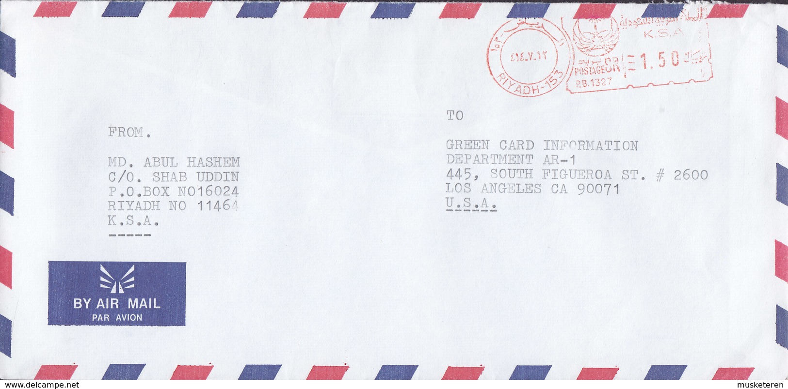 Saudi Arabia Air Mail Par Avion RIYADH Meter 1993 Cover Freistempel Brief LOS ANGELES United States - Saudi-Arabien