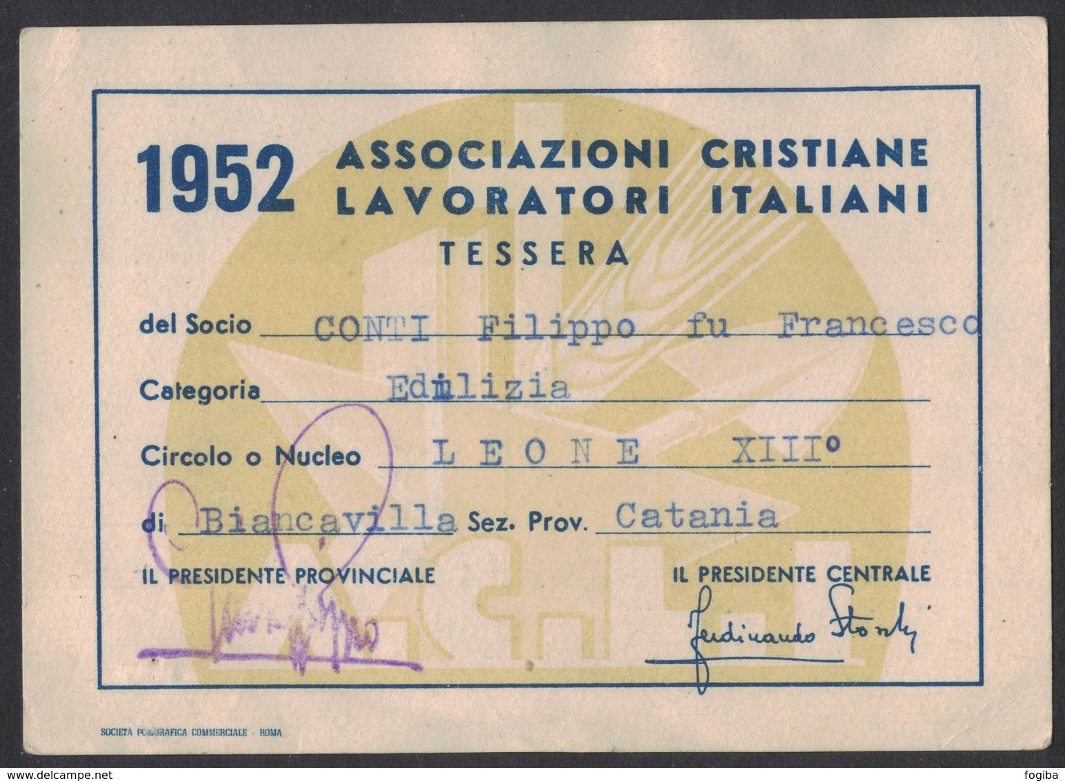 BU230     Tessera ACLI Associazione Italiane Lavoratori Italiani 1952 - Other & Unclassified