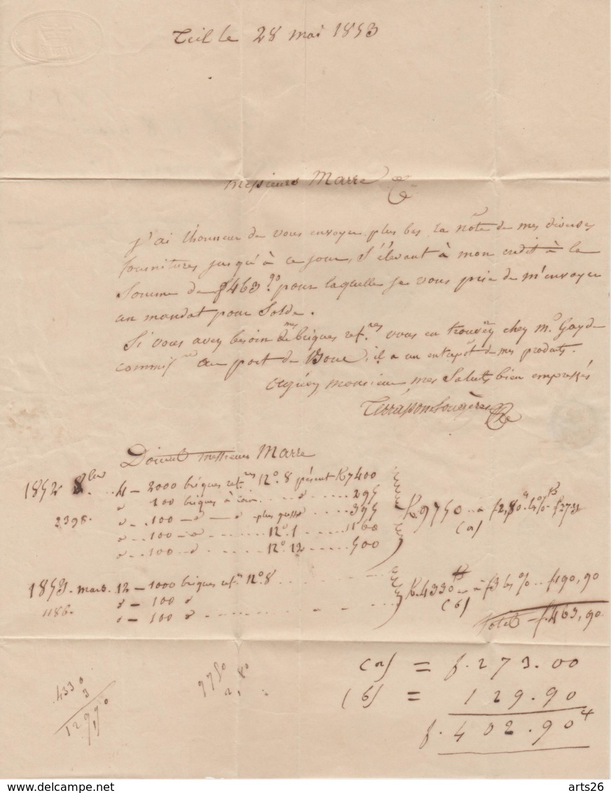 Ardèche - Le Teil - Lettre Facture Du 28/05/1853 De Terrasson Fougeras à Marre (Marseille) - Manuskripte
