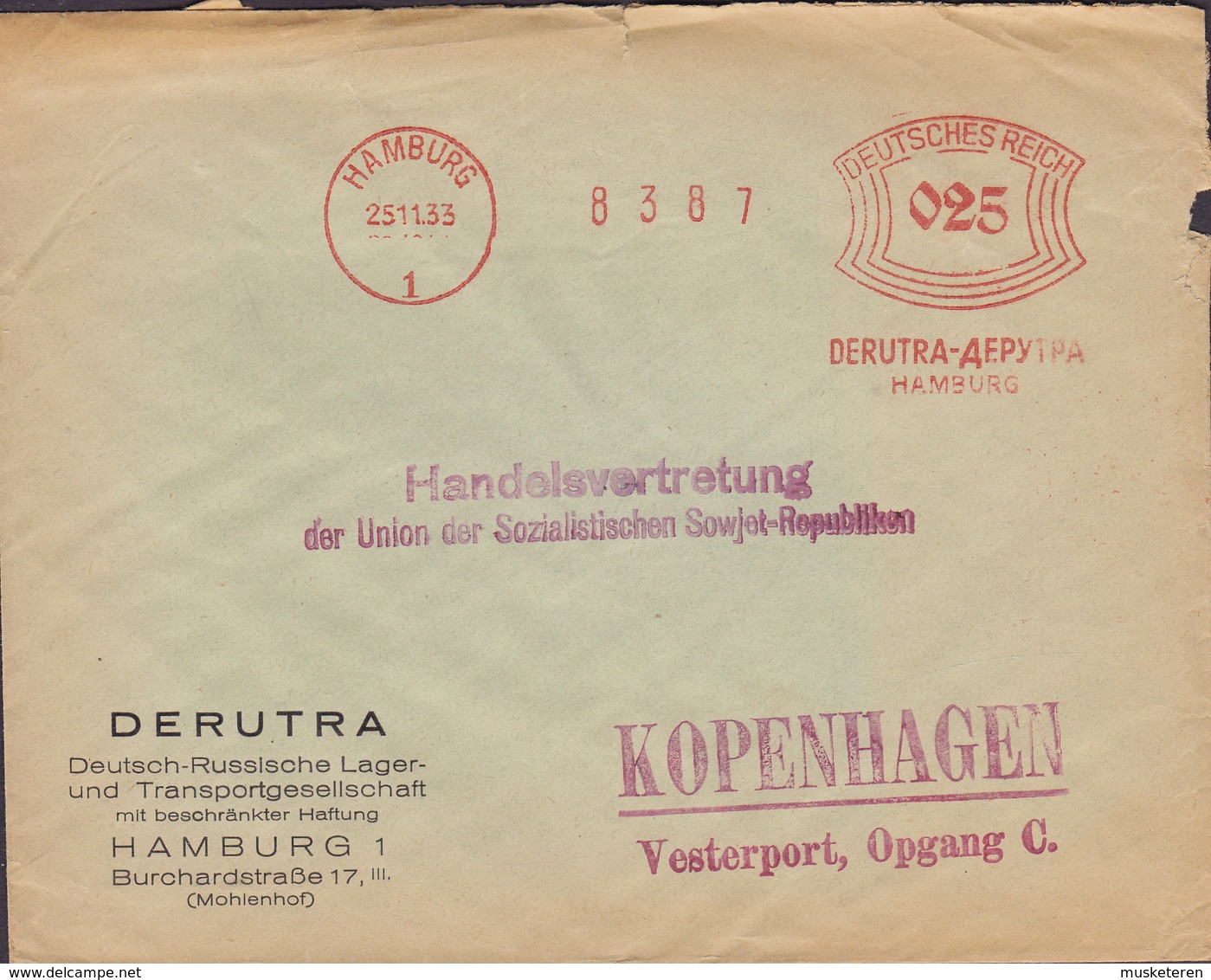 Deutsches Reich HAMBURG 1933 Meter Cover Freistempel Brief Handelsvertretung UNION SOZIALISTISCHER SOWJET-REPUBLIKEN - Maschinenstempel (EMA)