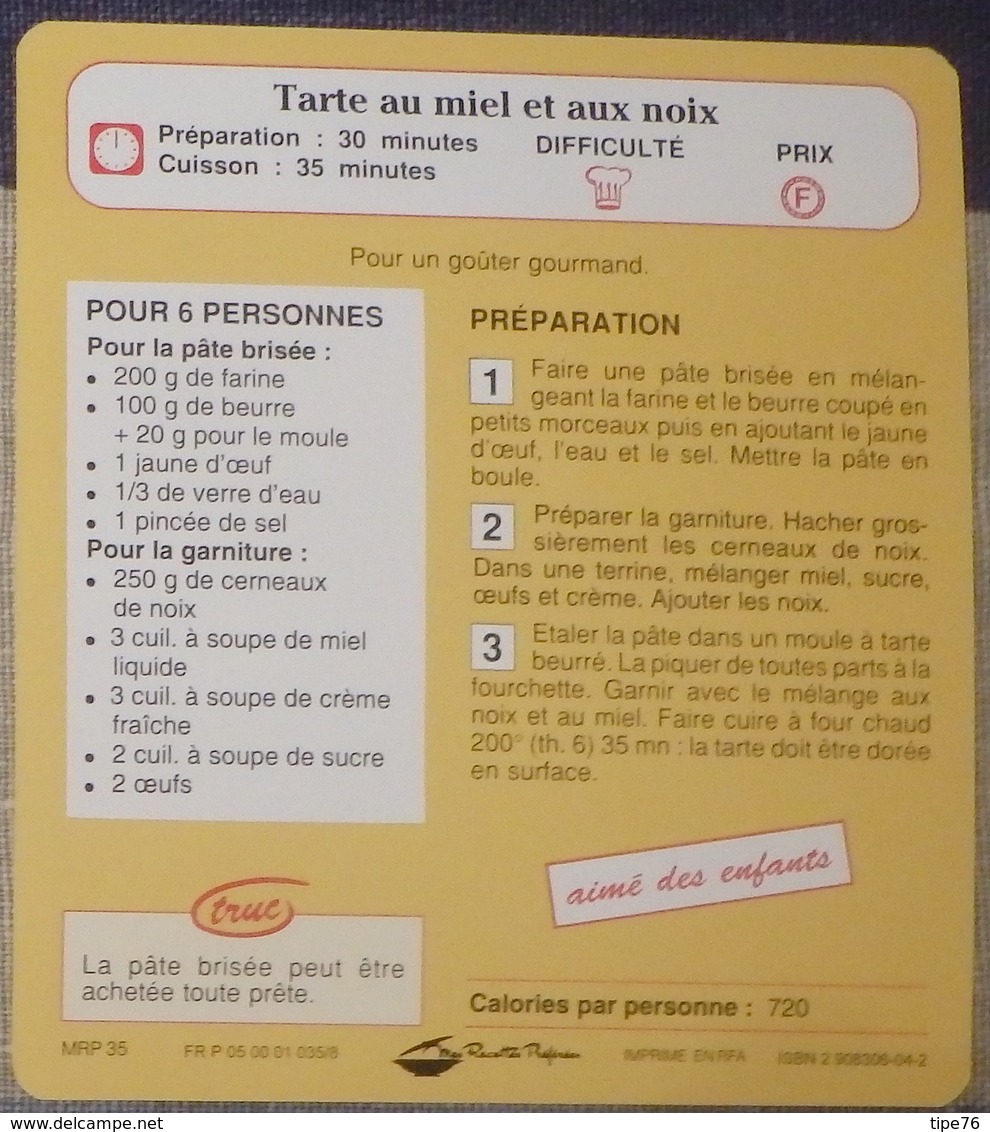 Fiche Recette Cuisine - Tarte Au Miel Et  Aux Noix - Mes Recettes Préférées - Ohne Zuordnung