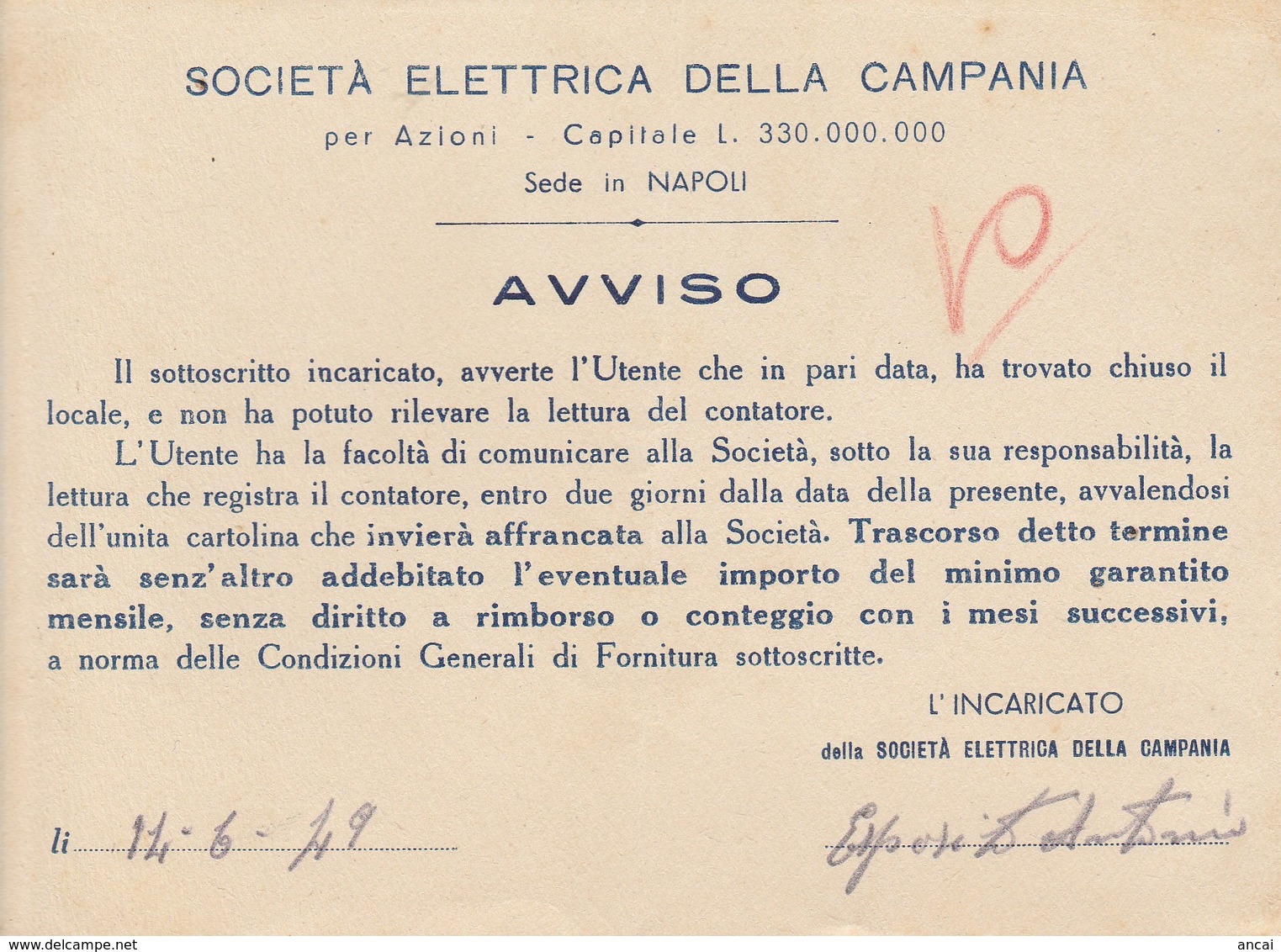 Napoli. 1949.Societa' Elettrica Della Campania. AVVISO. - Non Classificati