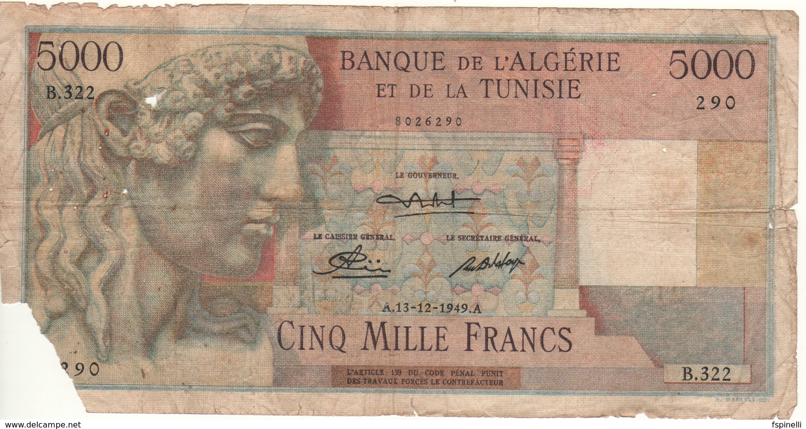 ALGERIA 5000 Francs  P109    ( Dated 13-12-1949 ) - Algerien