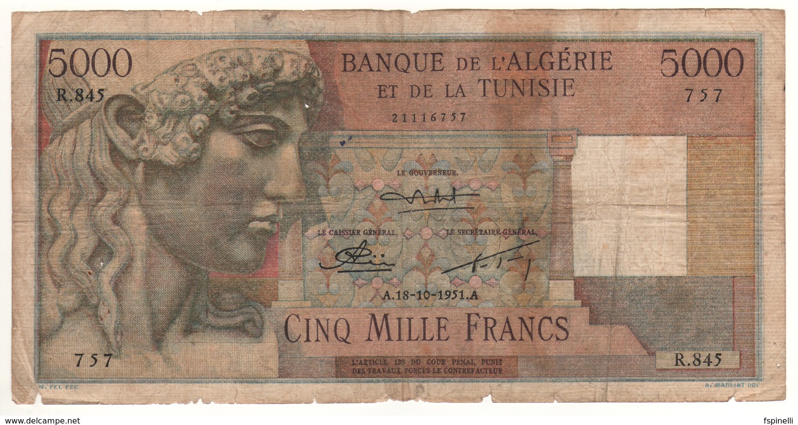 ALGERIA 5000 Francs  P109a    ( Dated 18-10-1951 ) - Algerien