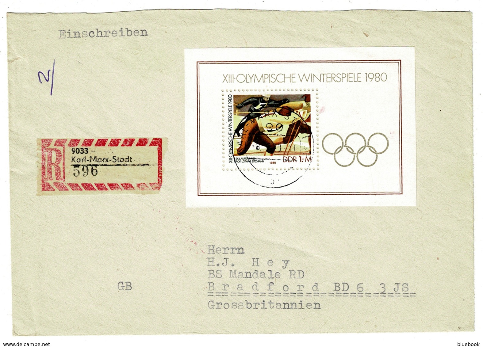 Ref 1257 - 1980 Registered Cover - East Germany Olympics Miniature Sheet To UK SG MS 2250 - Lettres & Documents