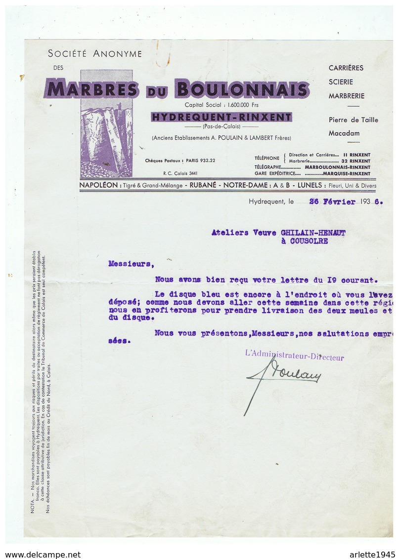 SOCIETE ANONYME DES MARBRES DU BOULONNAIS HYDREQUENT - RINXENT (P D C ) 26 FEVRIER 1936 - 1900 – 1949