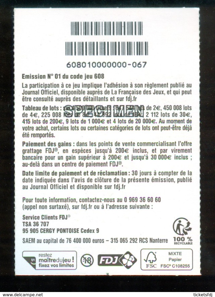 Grattage FDJ - FRANCAISE DES JEUX - ASTRO ANNEE DU COQ 60801 SPECIMEN - Billets De Loterie