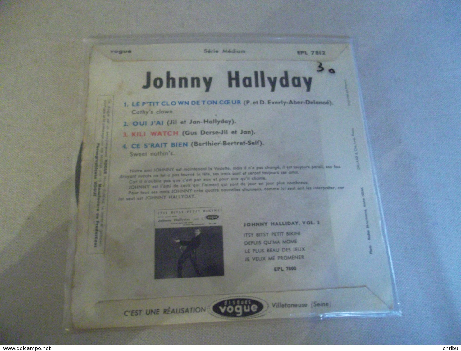 VINYLE 45 T JOHNNY HALLYDAY KILI WATCH DISQUES VOGUE EPL 7812 - Rock