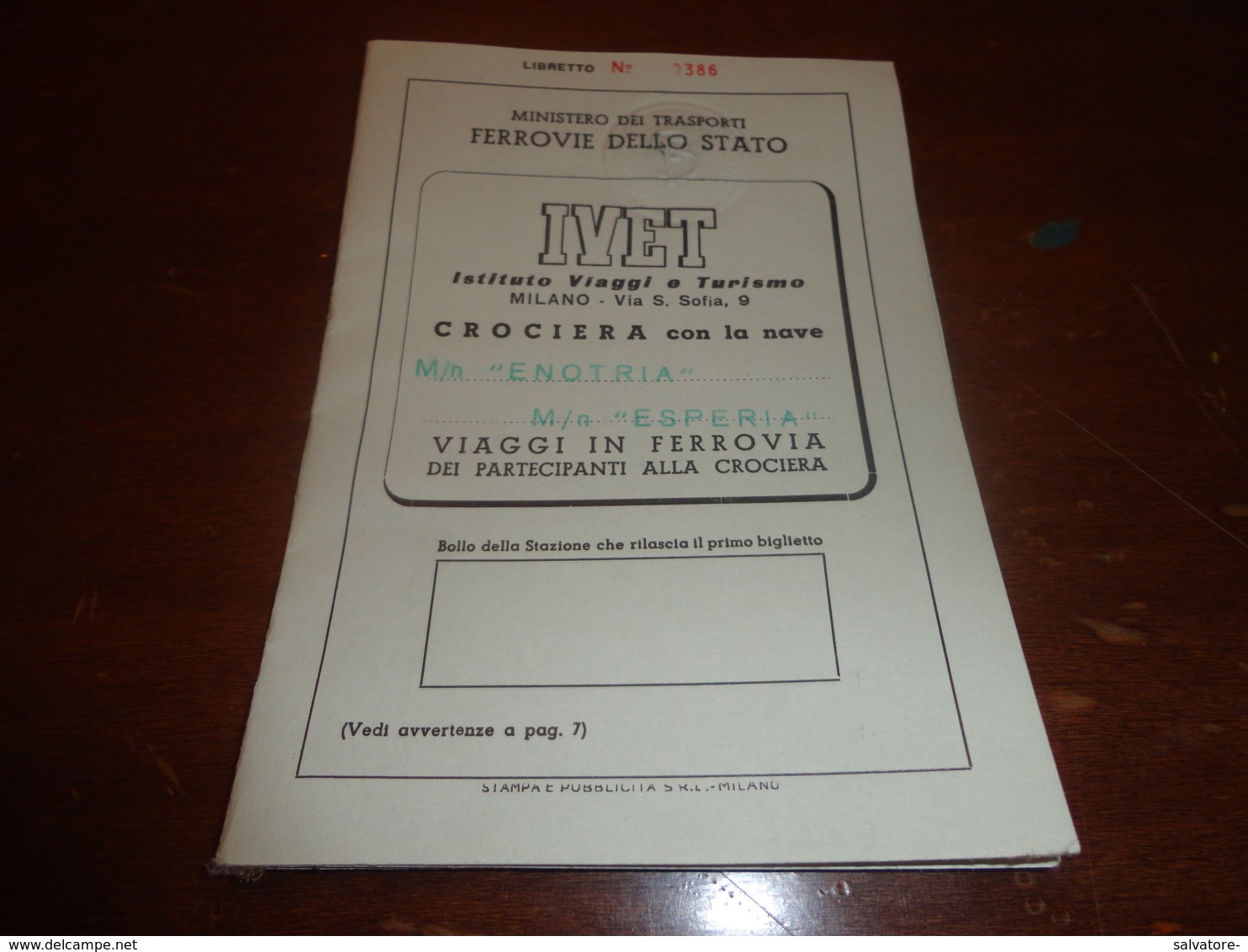 LIBRETTO MINISTERO DEI TRASPORTI  CROCIERA CON LA M/N ETRURIA E M/ N ESPERIA-ANNI 60 - Europe