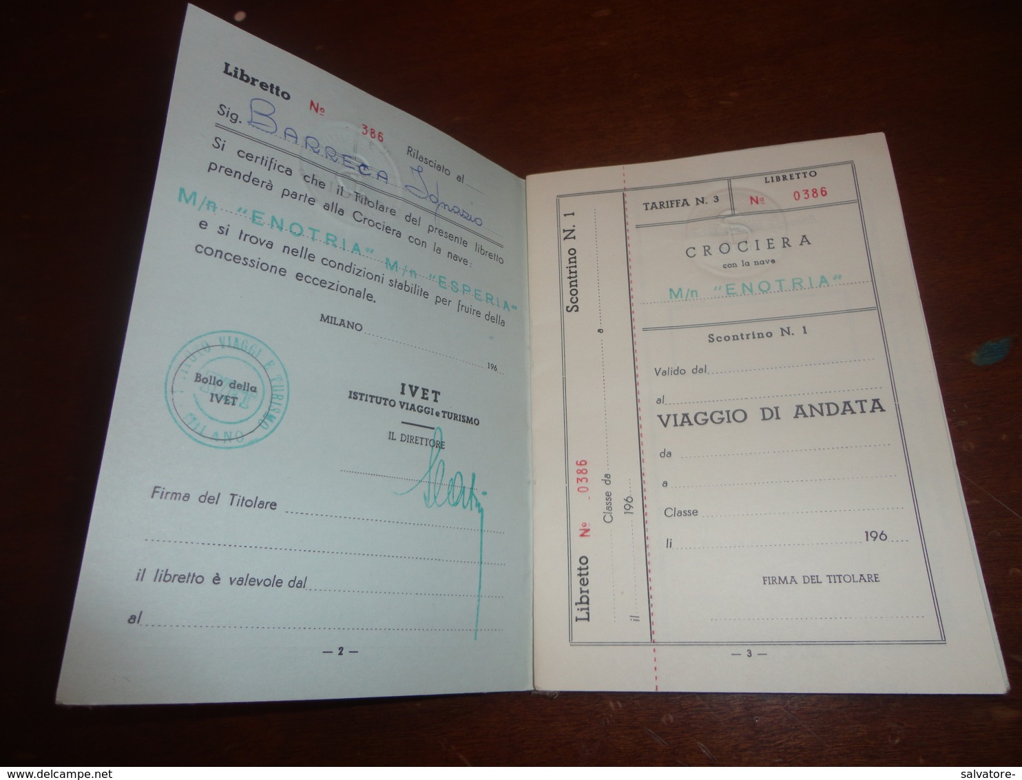 LIBRETTO MINISTERO DEI TRASPORTI  CROCIERA CON LA M/N ETRURIA E M/ N ESPERIA-ANNI 60 - Europe