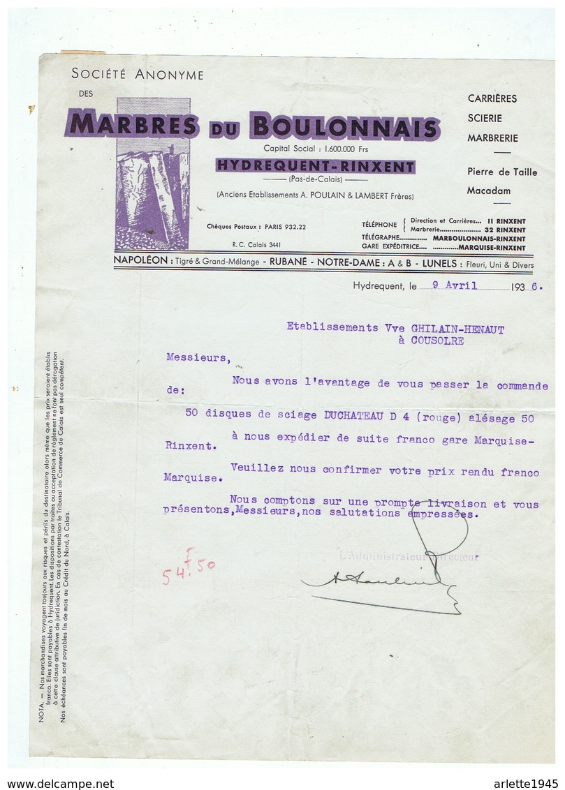 SOCIETE ANONYME DES MARBRES DU BOULONNAIS HYDREQUENT - RINXENT (P D C ) 09 AVRIL 1936 - 1900 – 1949