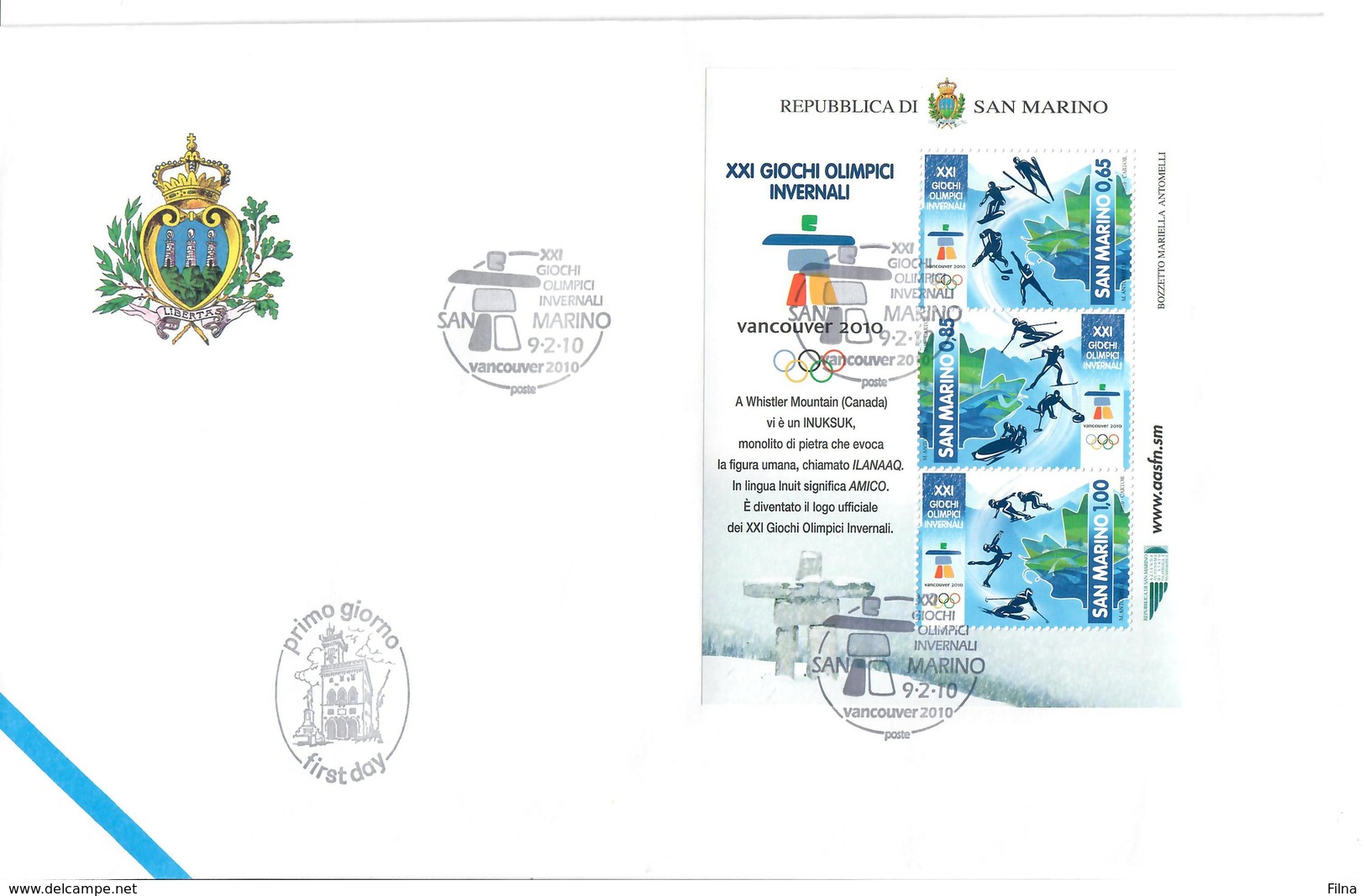 SAN MARINO 2010 - OLIMPIADI VANCOOUVER 2010 -  FOGLIETTO - FDC - FDC