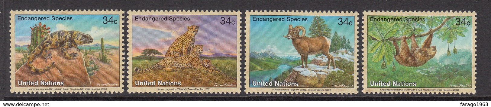 2002 UN New York Endangered Animals Sloth, Sheep, Cheetah, Chuckwalla Set Of 4  MNH - Sonstige & Ohne Zuordnung