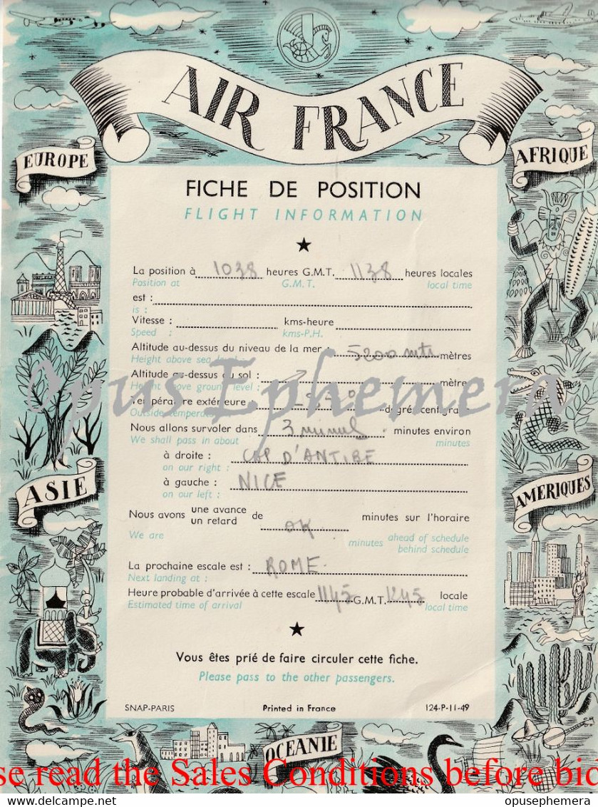Air France Fiche De Position - Flight Information Page - 1949 * - Europe